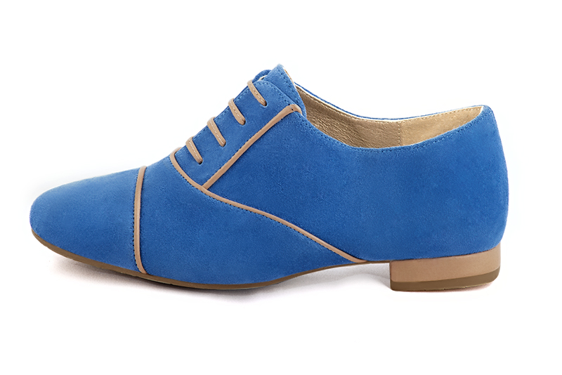Electric blue and caramel brown women's essential lace-up shoes. Round toe. Flat block heels - Florence KOOIJMAN